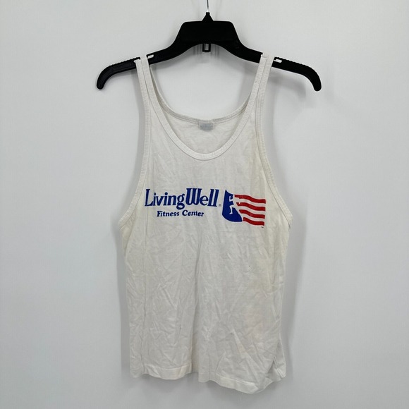 Vtg‎ Living Well Fitness Center Tank Top Muscle Tee M White Blue Activewear USA - Picture 1 of 6